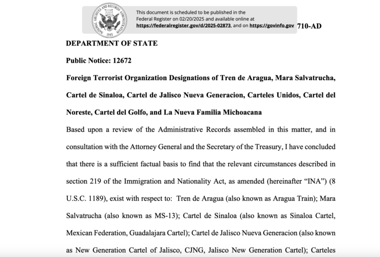 El Departamento de Estado de Estados Unidos formalizó la designación de seis cárteles del narcotráfico de origen mexicano